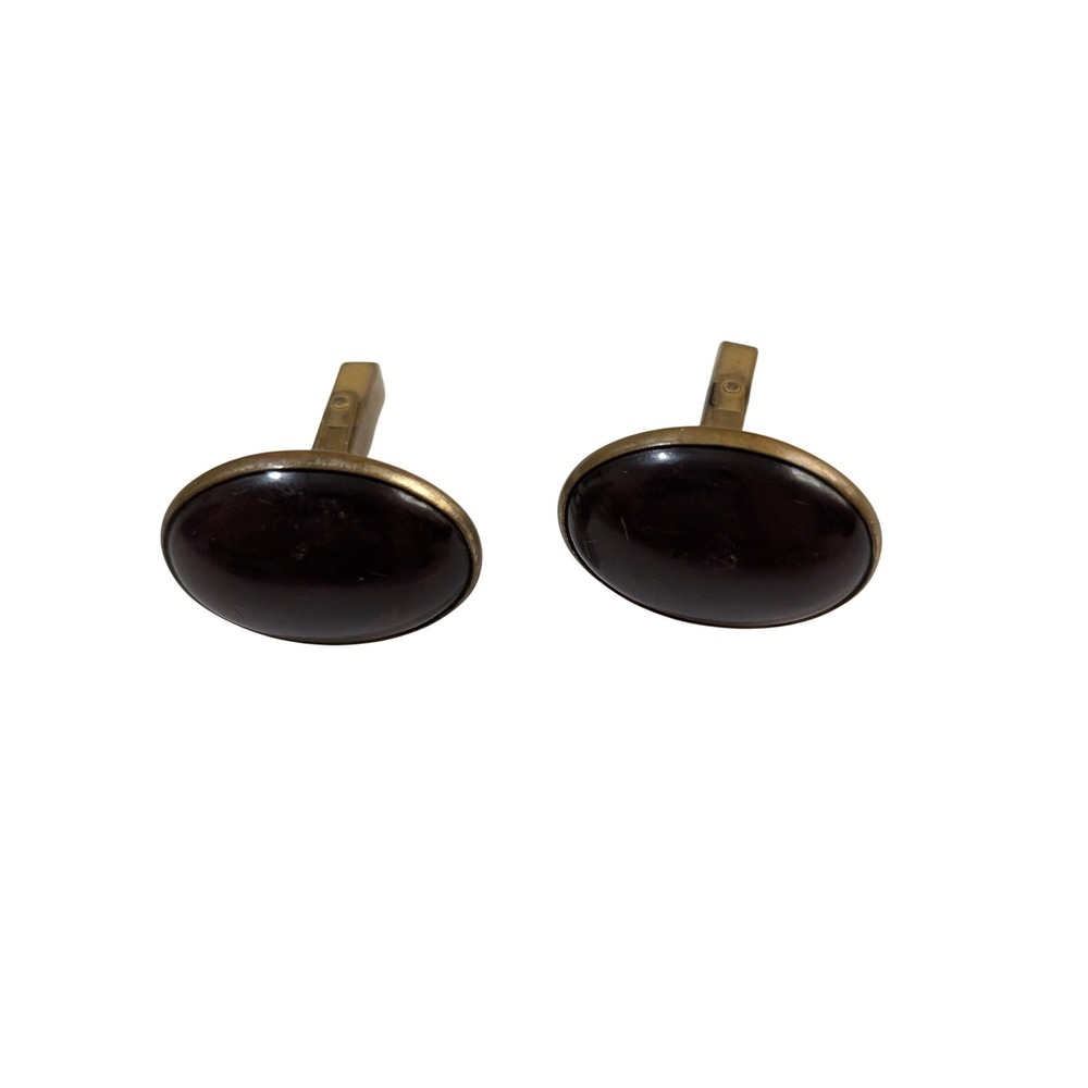 Vintage Burgundy Red Glass Cabochon Cufflinks Gold Tone Oval Toggle Back